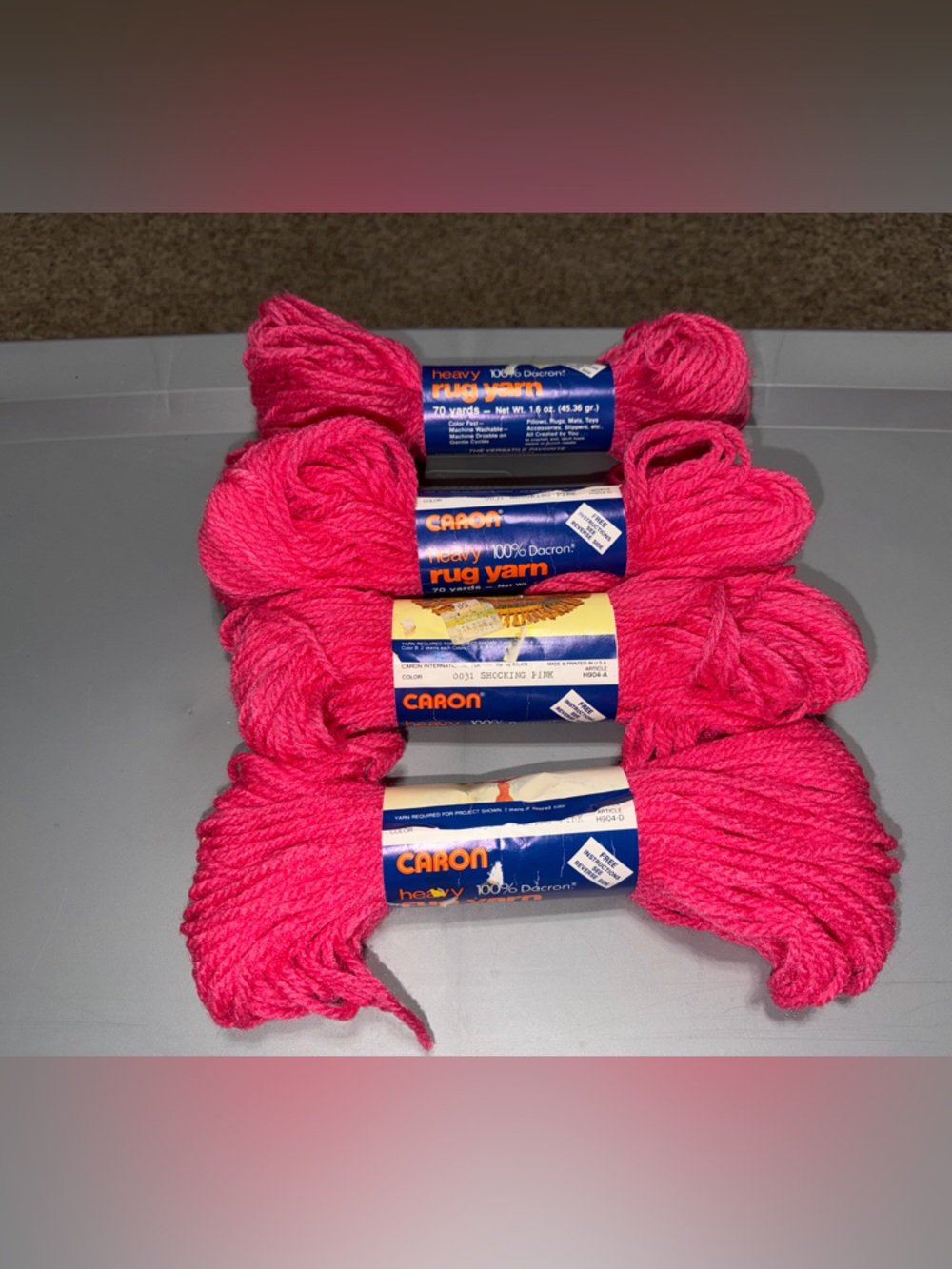 Vintage Caron shocking pink Bright Pink Rug Yarn 4 Skeins